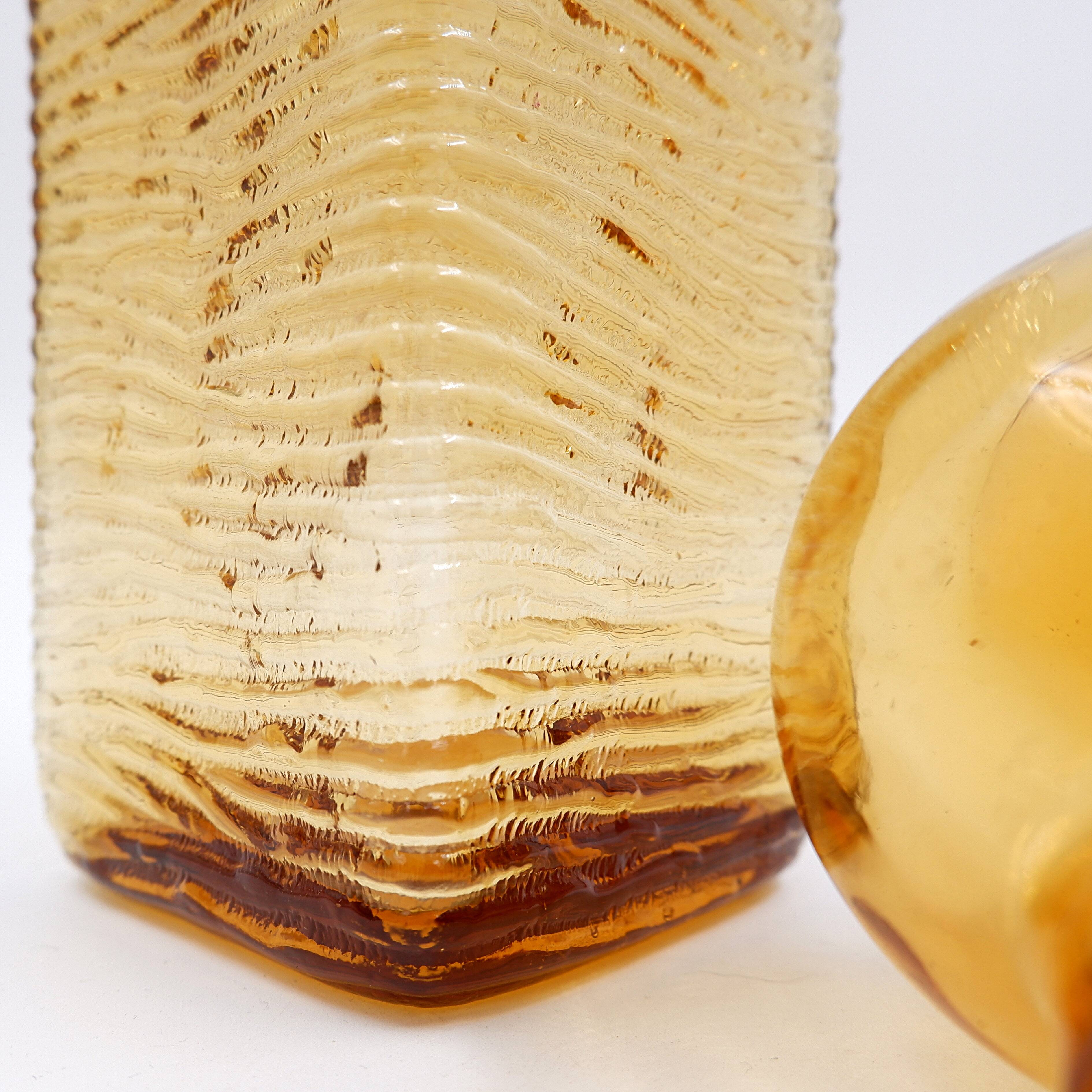 Vintage Italian MCM Empoli Wavy Amber Glass Decanter with Round Ball Stopper