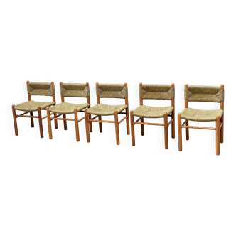 5 chaises de salle à manger françaises en paille et chêne
