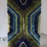 Tapis rya vintage abstrait en laine vert-bleu | Suède | Années 1960
