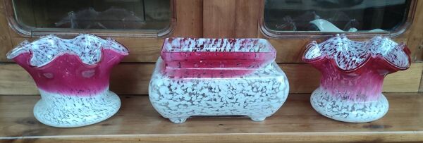 Ancien ensemble jardinière et 2 vases verre Clichy