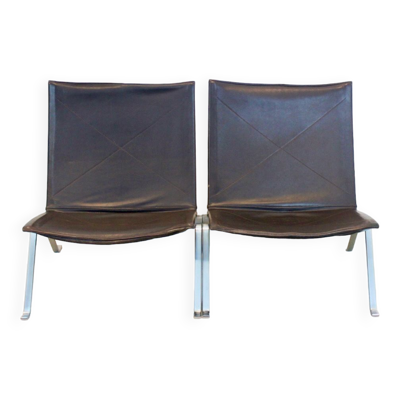 PK22 fauteuils en cuir brun par Poul Kjærholm pour Fritz Hansen