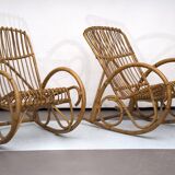 Franco Albini style, pair of rattan and bamboo rocking chairs. Italy 1950s