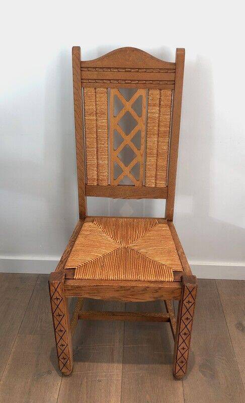 Lot de 6 chaises brutalistes en bois et rotin