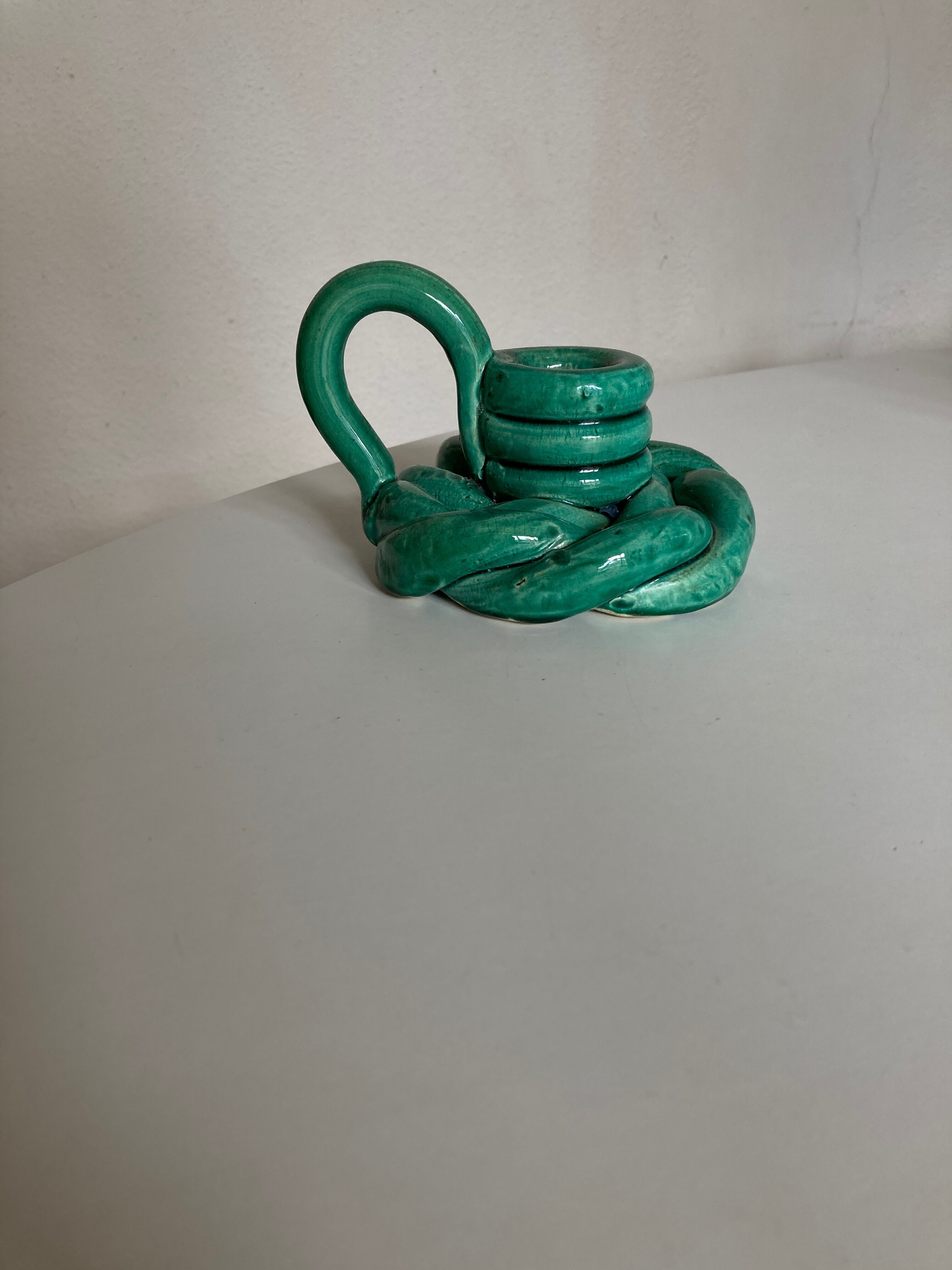 Bougeoir en terre vernissée de Vallauris vert turquoise 1950