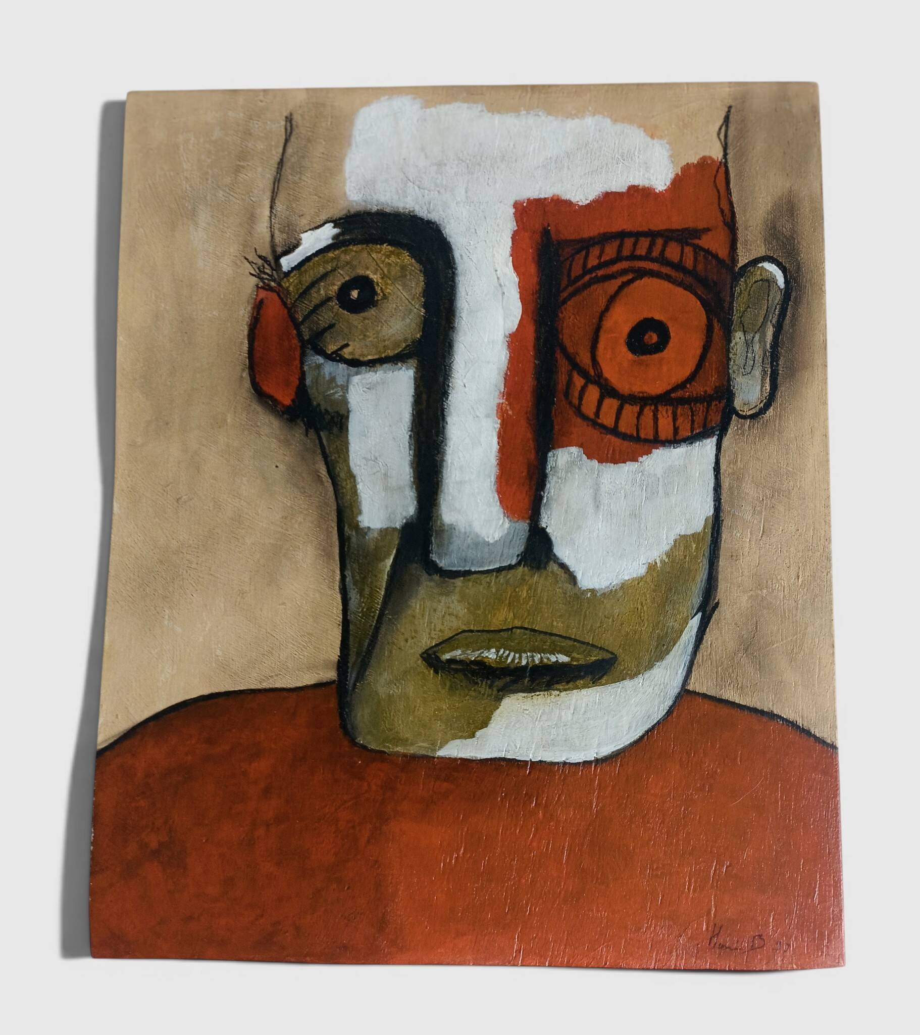 Abstract neo-primitive French portrait painting, mixed media on panel, 1999