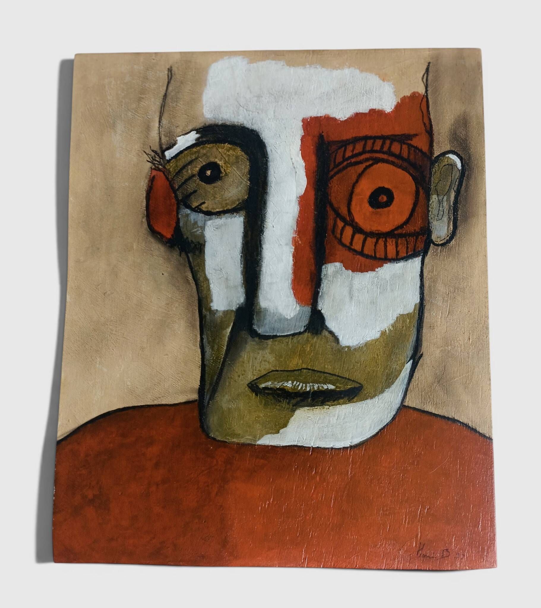 Abstract neo-primitive French portrait painting, mixed media on panel, 1999