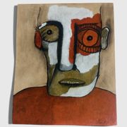 Abstract neo-primitive French portrait painting, mixed media on panel, 1999