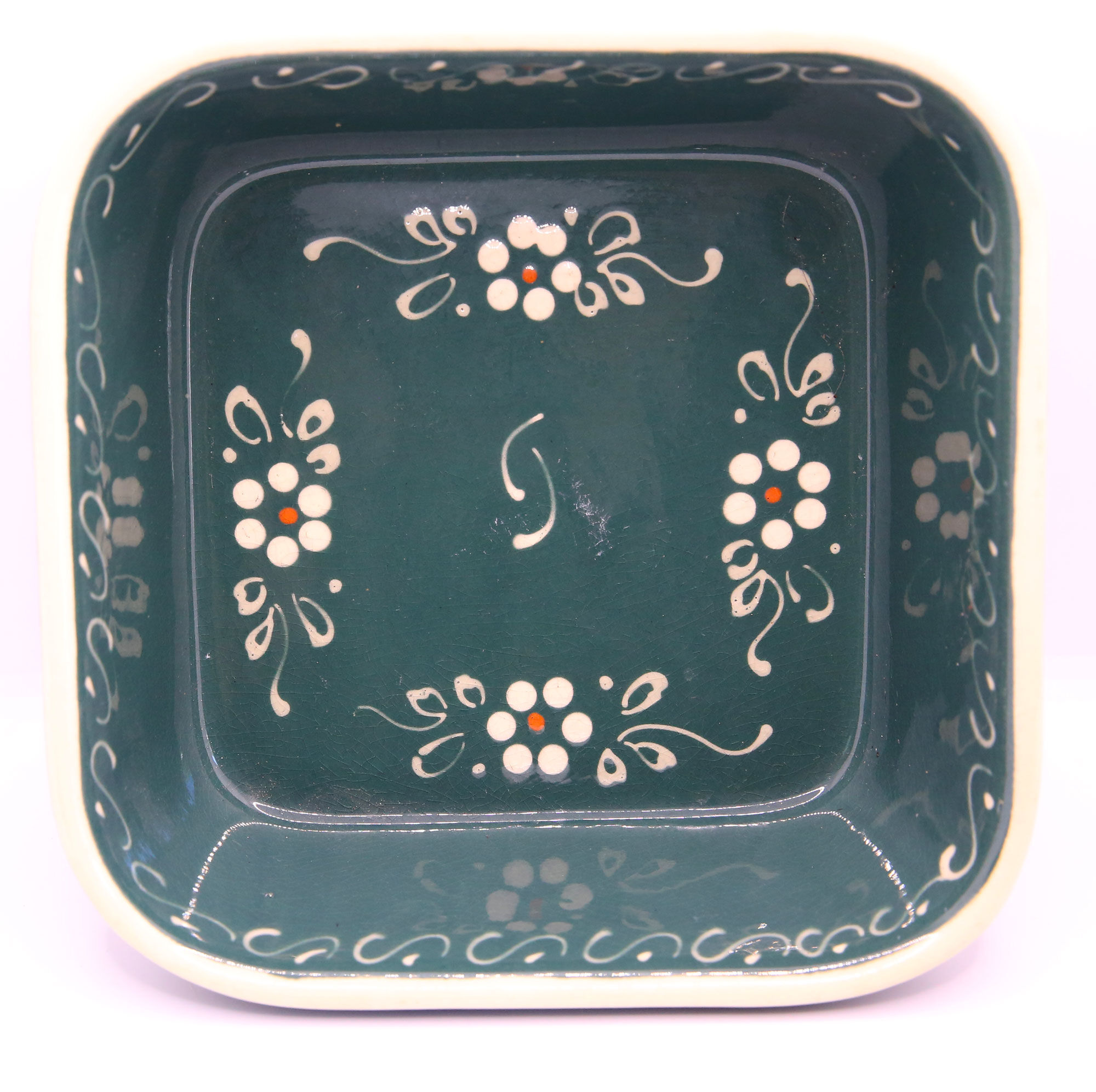 Artisanal square gratin dish of Alsace green with flowers