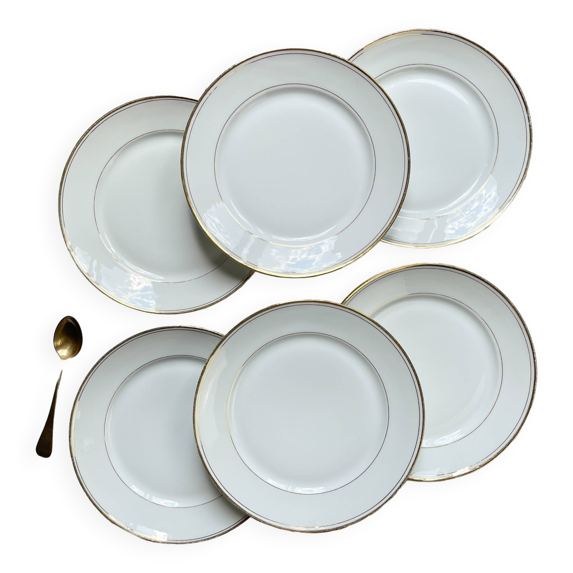 6 Petites assiettes vintage Française en porcelaine de Limoges blanche dorée