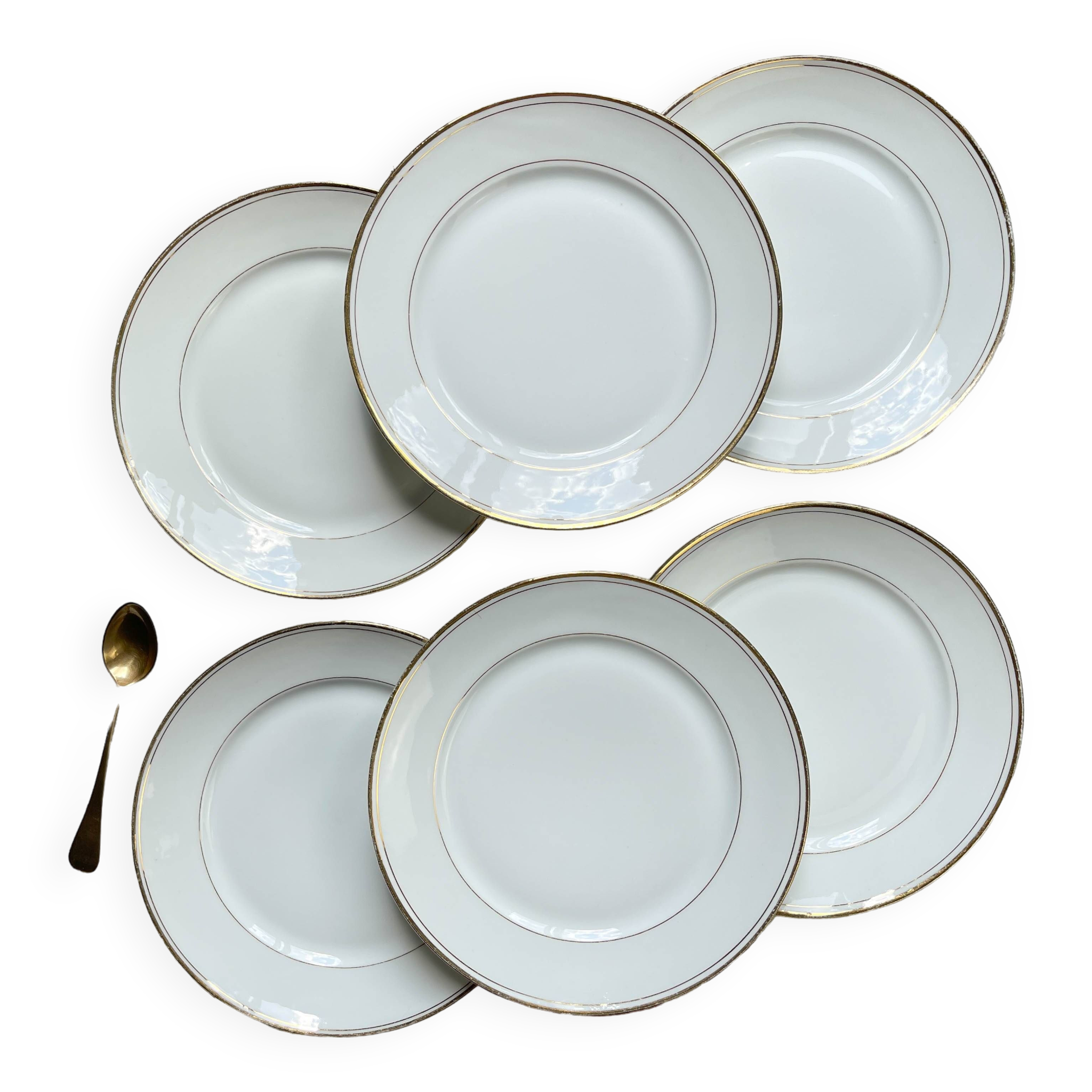 6 Small vintage French plates in golden white Limoges porcelain