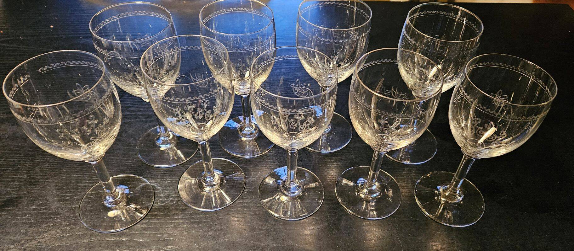 9 antique glass wine glasses engraved with flowers