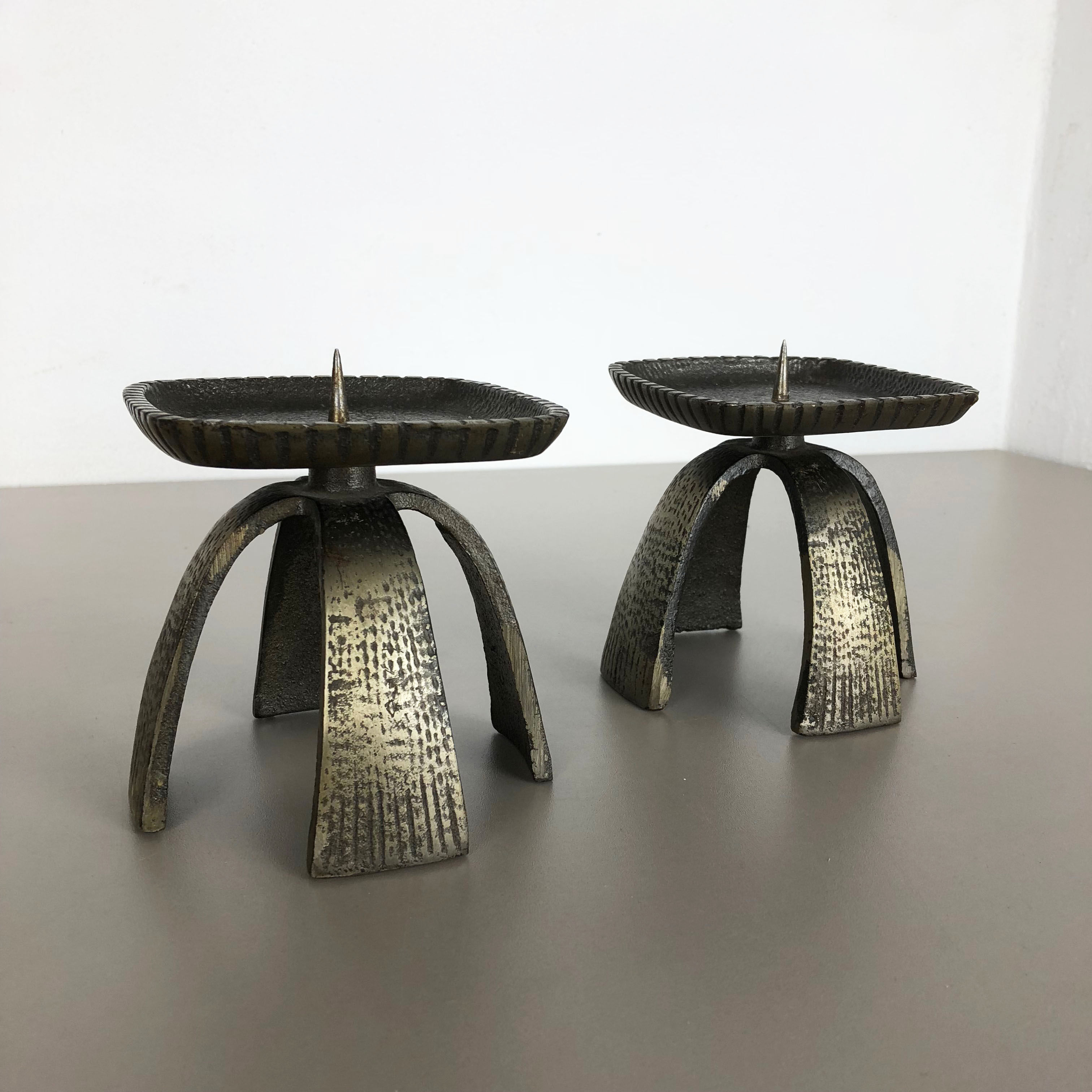 Set of 2 Modernist Vintage 1970s Sculptural Brutalist Metal Candleholder, France