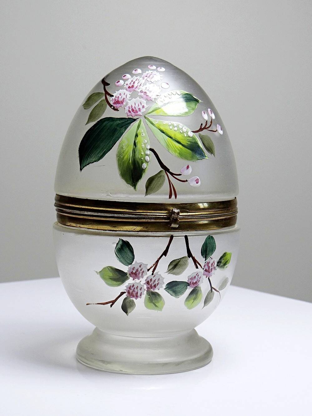 Antique 19th-20th century frosted enamelled glass and brass egg box