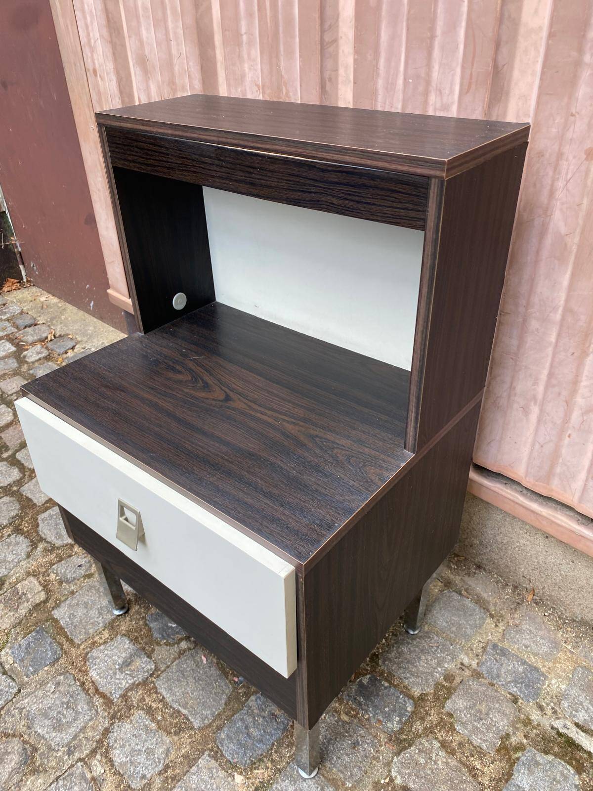 Vintage 70s bedside table with integrated lighting & chrome legs Space Age 1