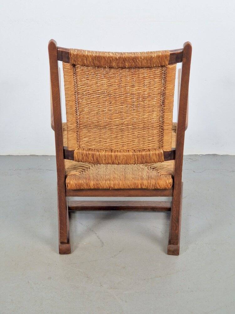 Modernist Brutalist Armchair in Rush and Oak, 1950s