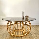 designer round coffee table in rattan and smoked glass 70s