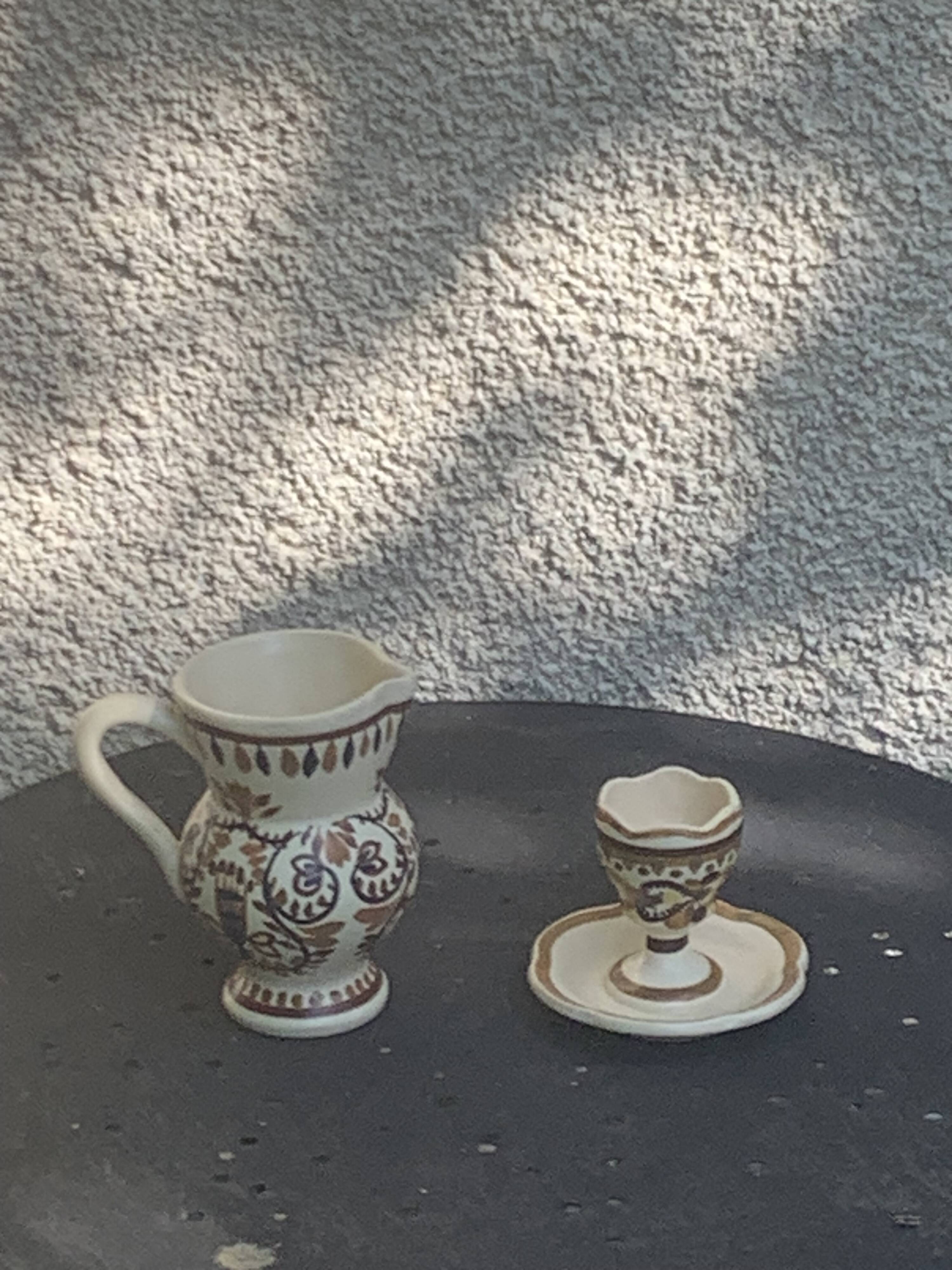 Egg cup and pitcher in handcrafted enameled ceramic, hand-painted brehat