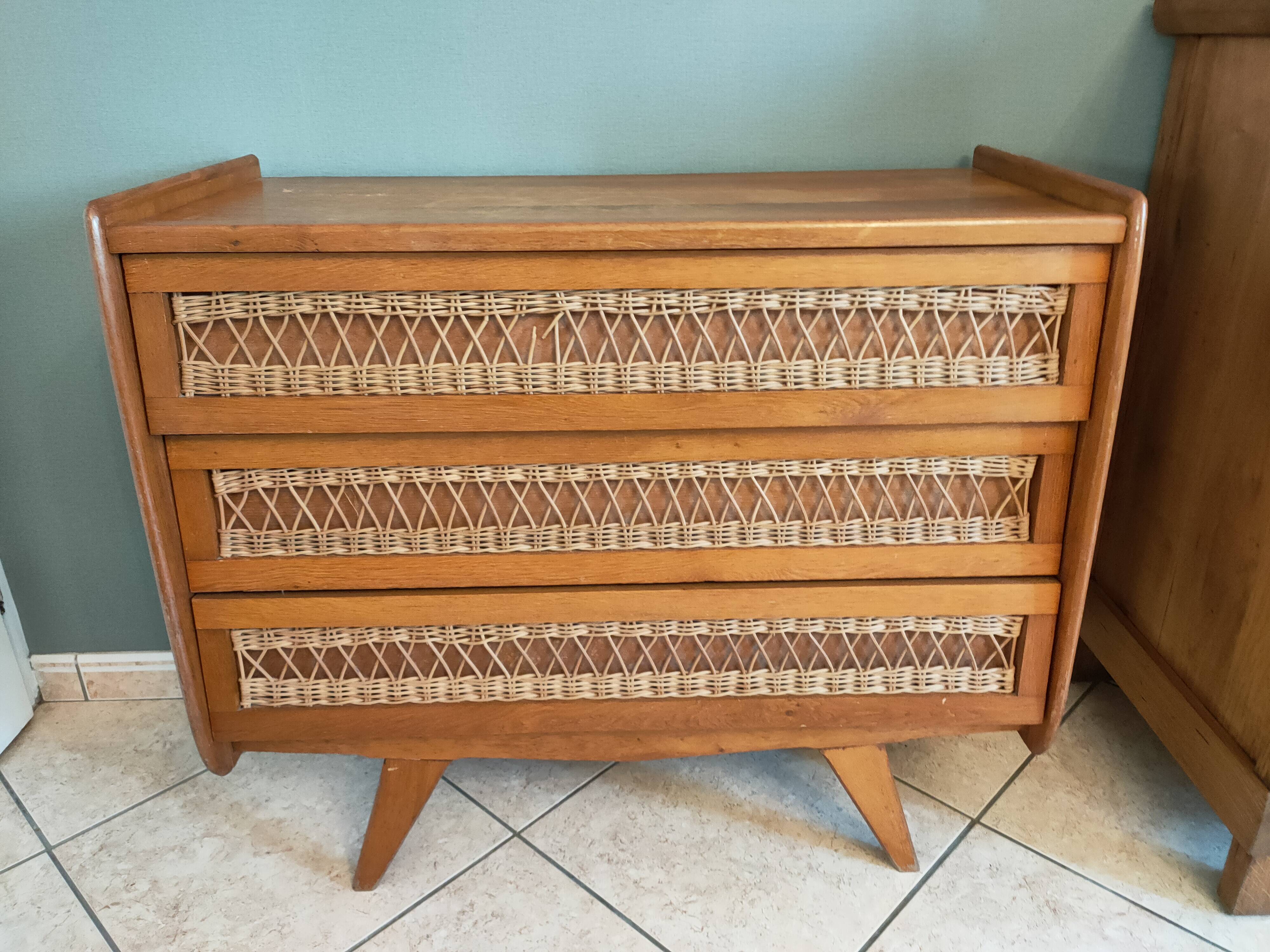 Vintage rattan and oak chest of drawers from the 1960s