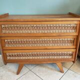 Vintage rattan and oak chest of drawers from the 1960s