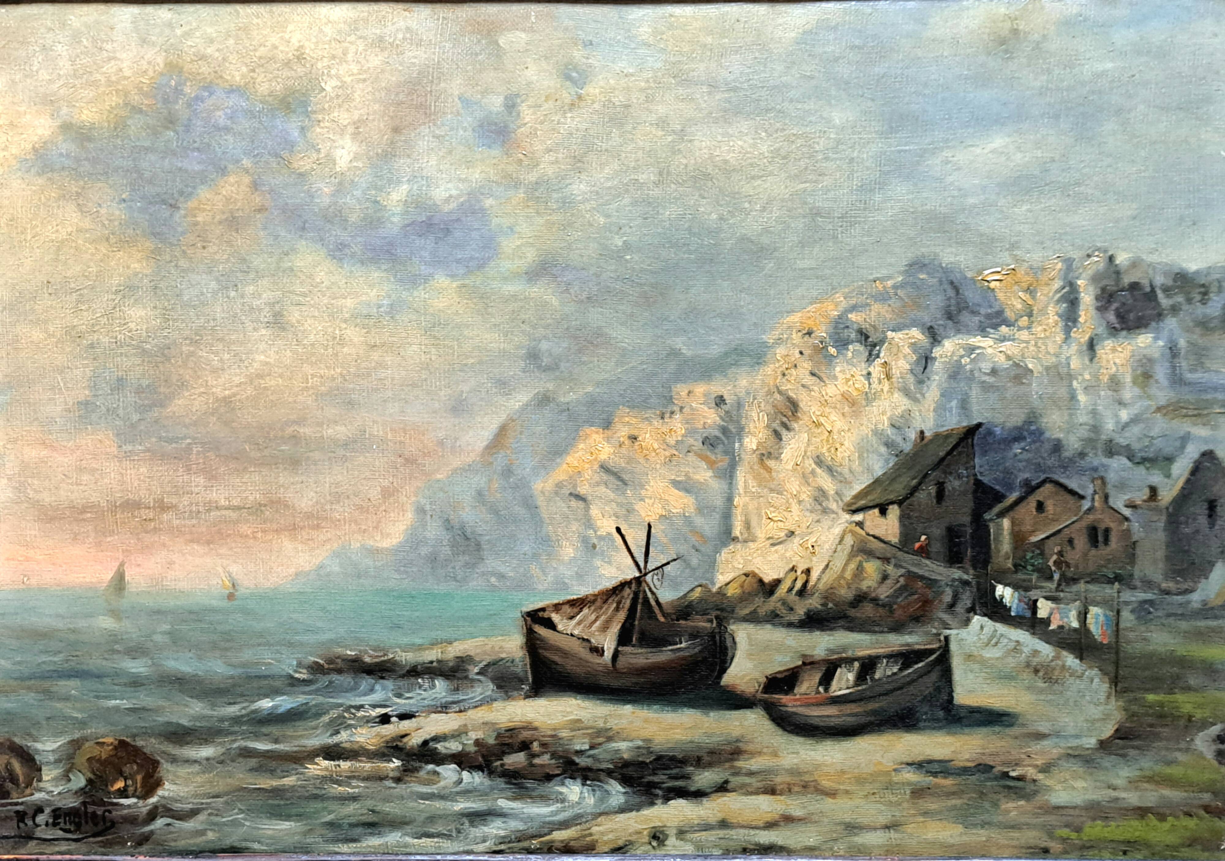 Impressionist painting attributed to F-G Engler, oil on canvas, romantic seascape.