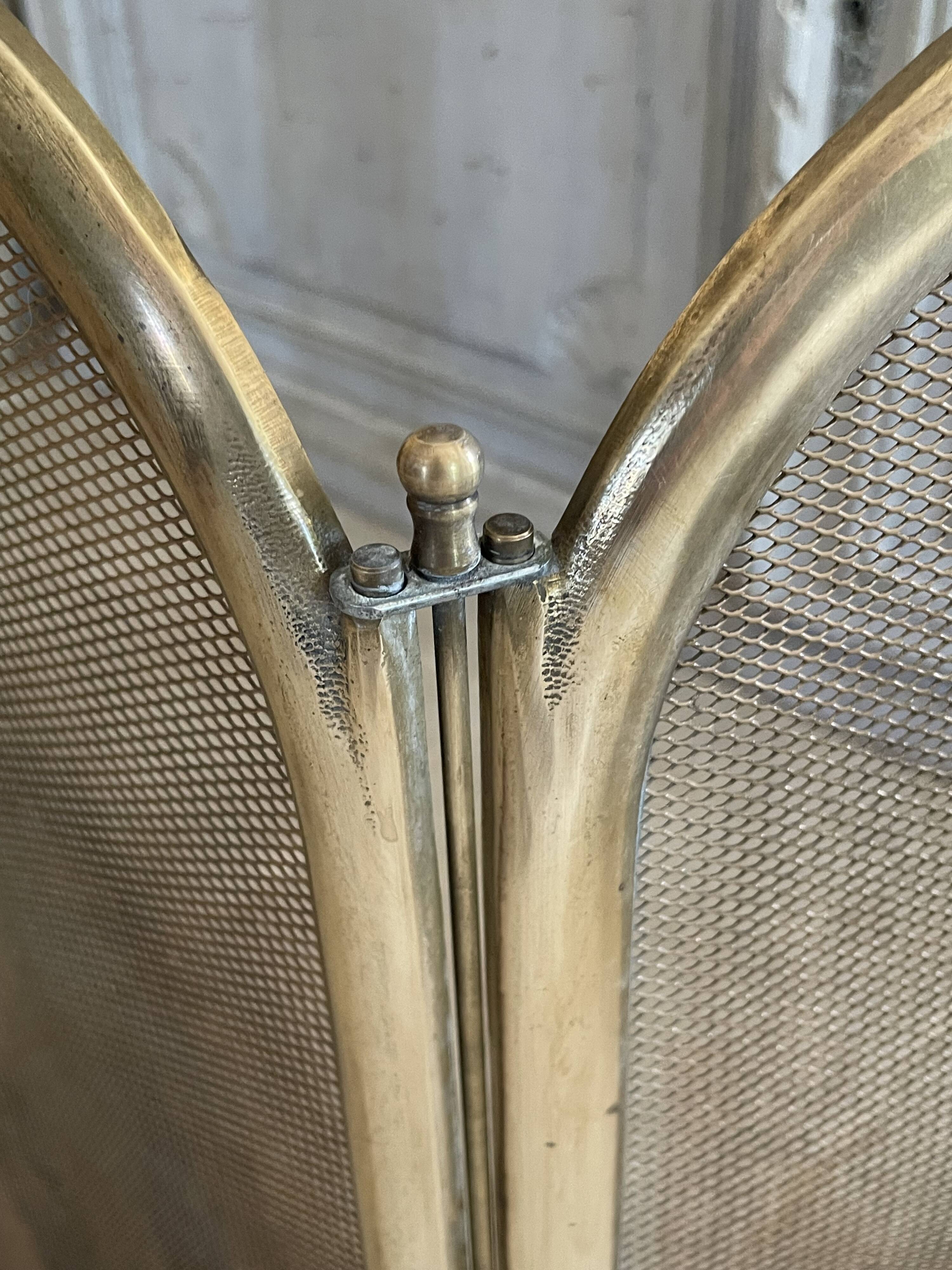 Vintage brass fireplace screen, folding spark guard with 4 panels,