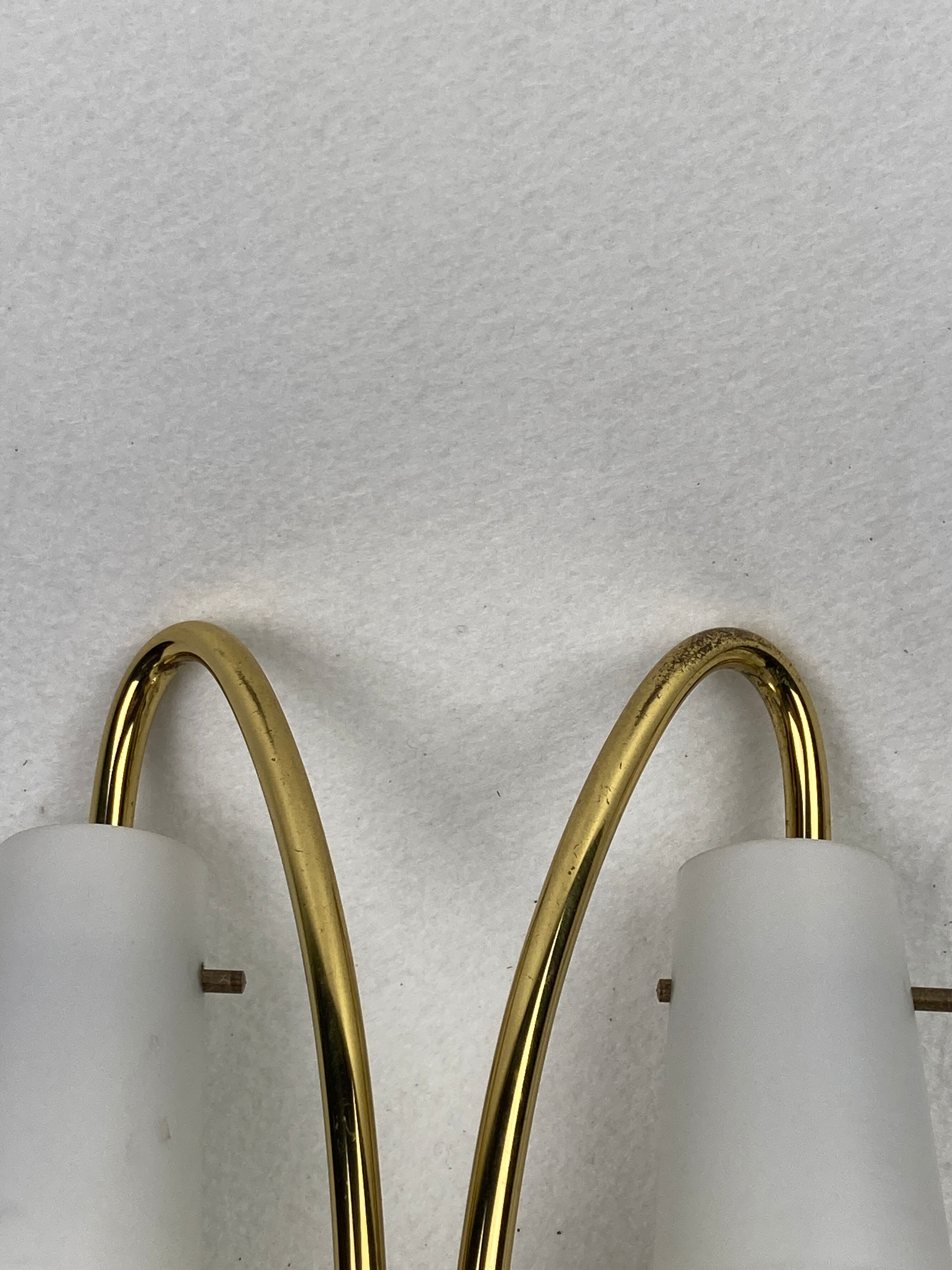 Pair brass and opaline wall sconces or bedside lamps, Austria 1950s