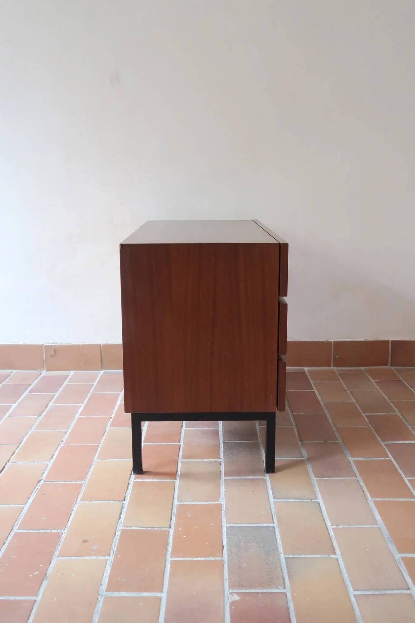 Teak chest of drawers with 3 drawers, black metal legs, 1960s.