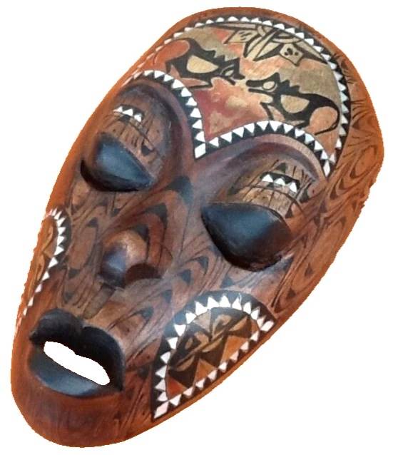 African Hanging Mask / Tribal Carved Wood Inlaid with Mother of Pearl Long
