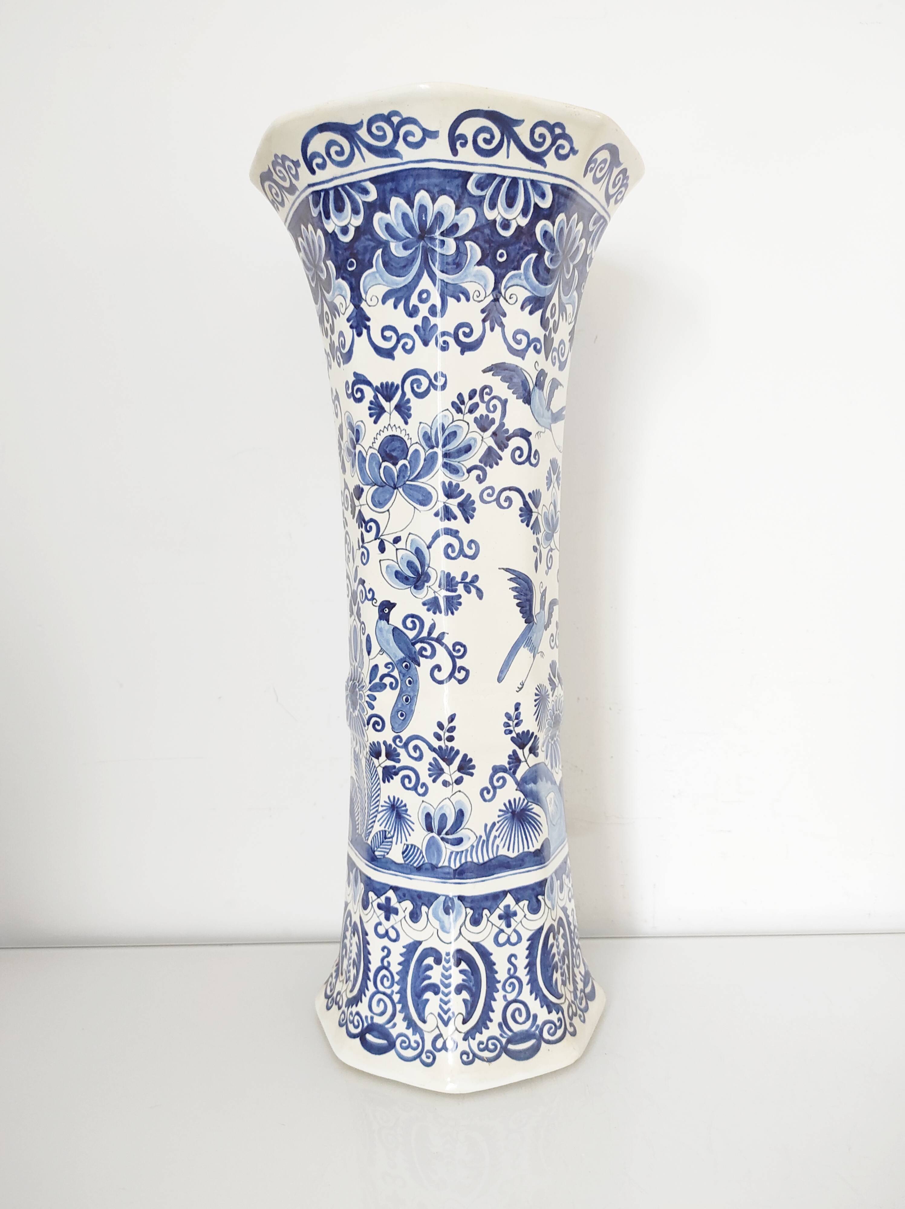 Octagonal vase blue birds BFK Boch Frères Kéramis 42 cm