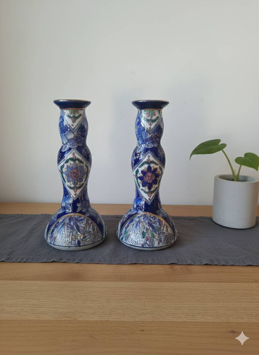 Vintage-style blue and gold floral ceramic candlesticks CHMR