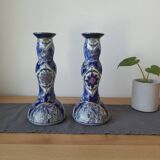Vintage-style blue and gold floral ceramic candlesticks CHMR