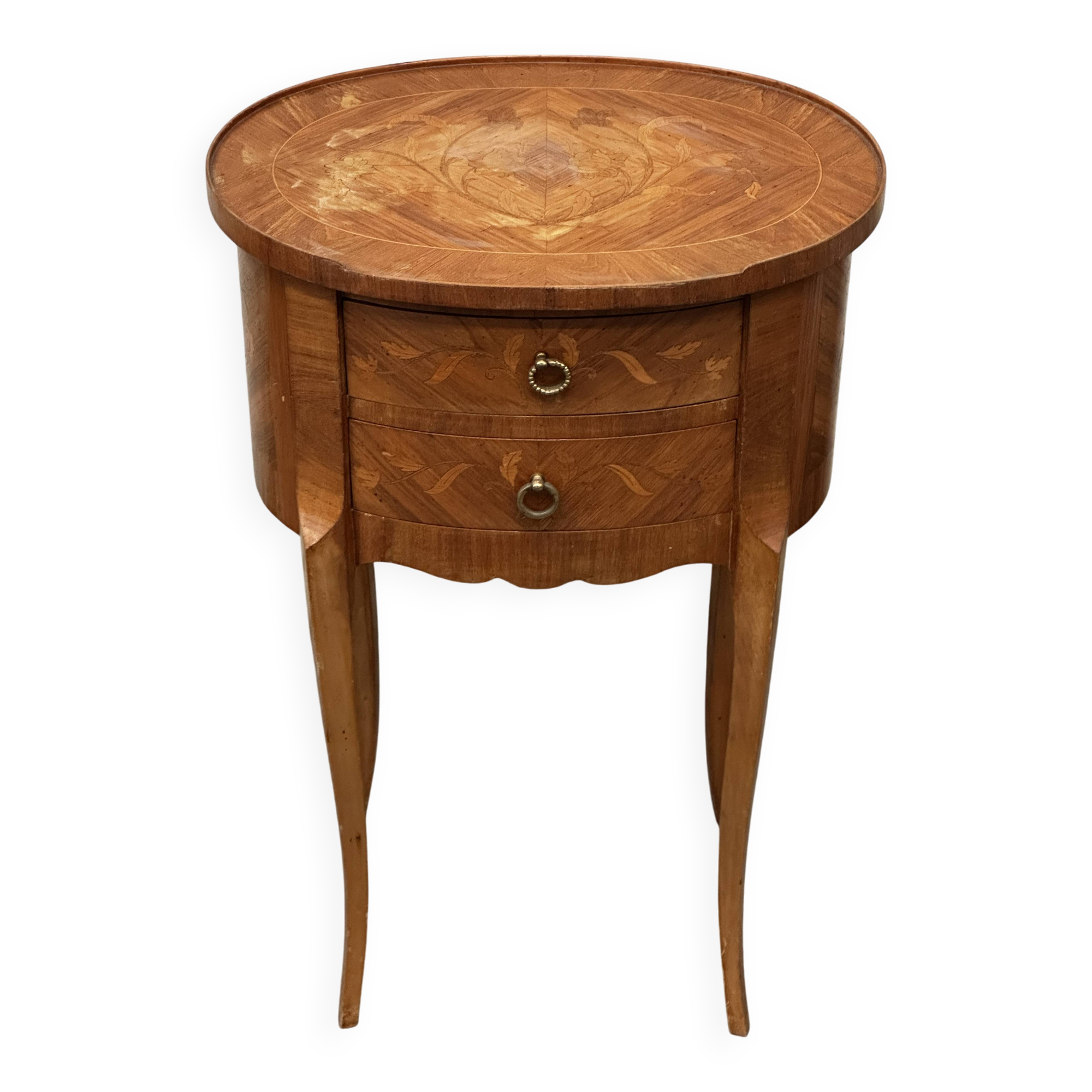Oval side table in marquetry wood, Louis XVI style - early 20th century