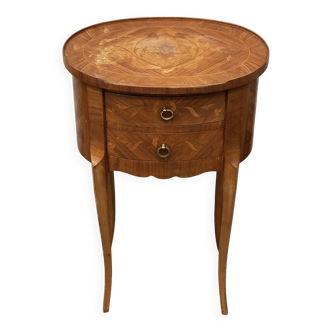Oval side table in marquetry wood, Louis XVI style - early 20th century