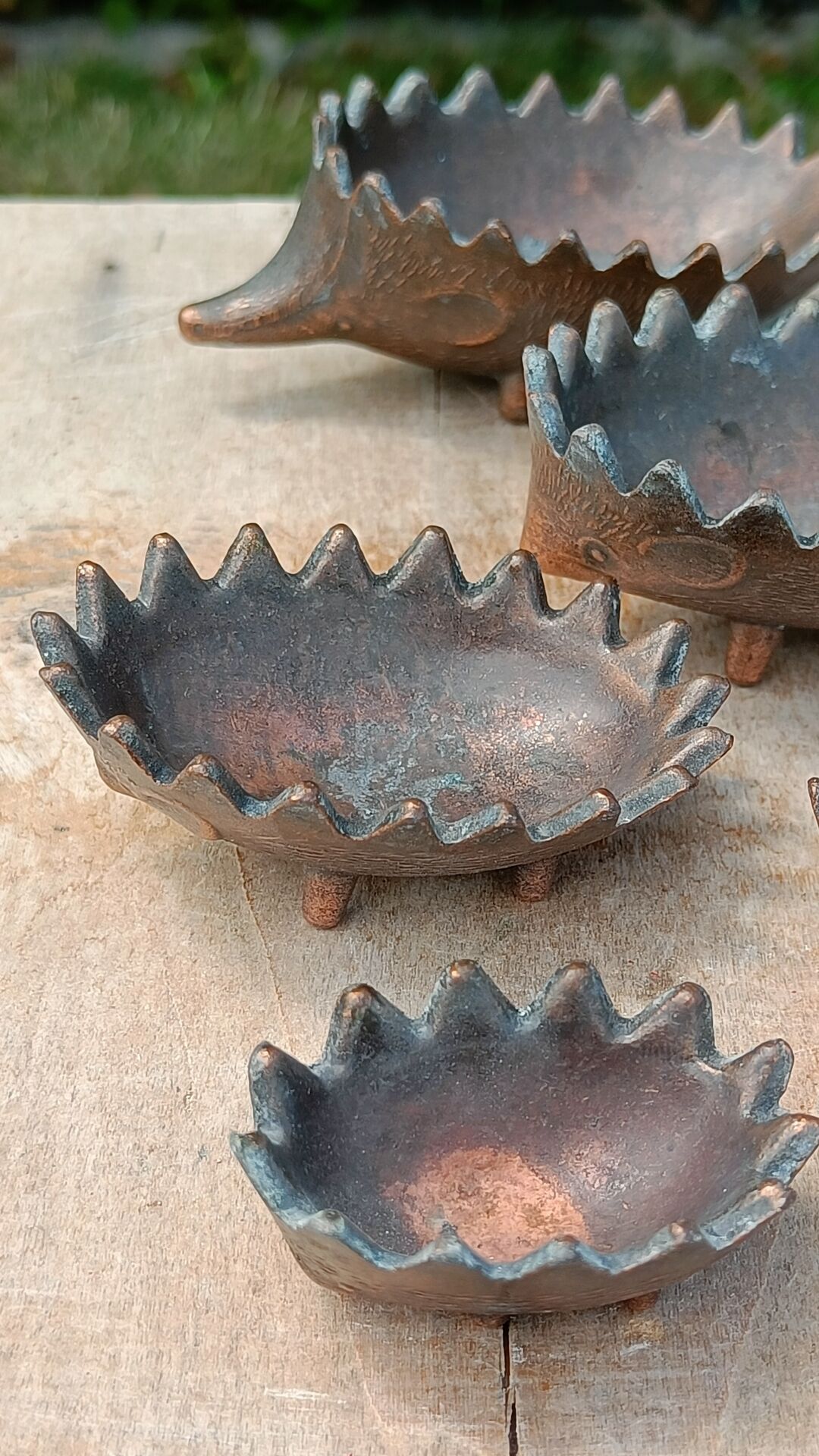 Vintage patinated metal hedgehog ashtrays – Greece