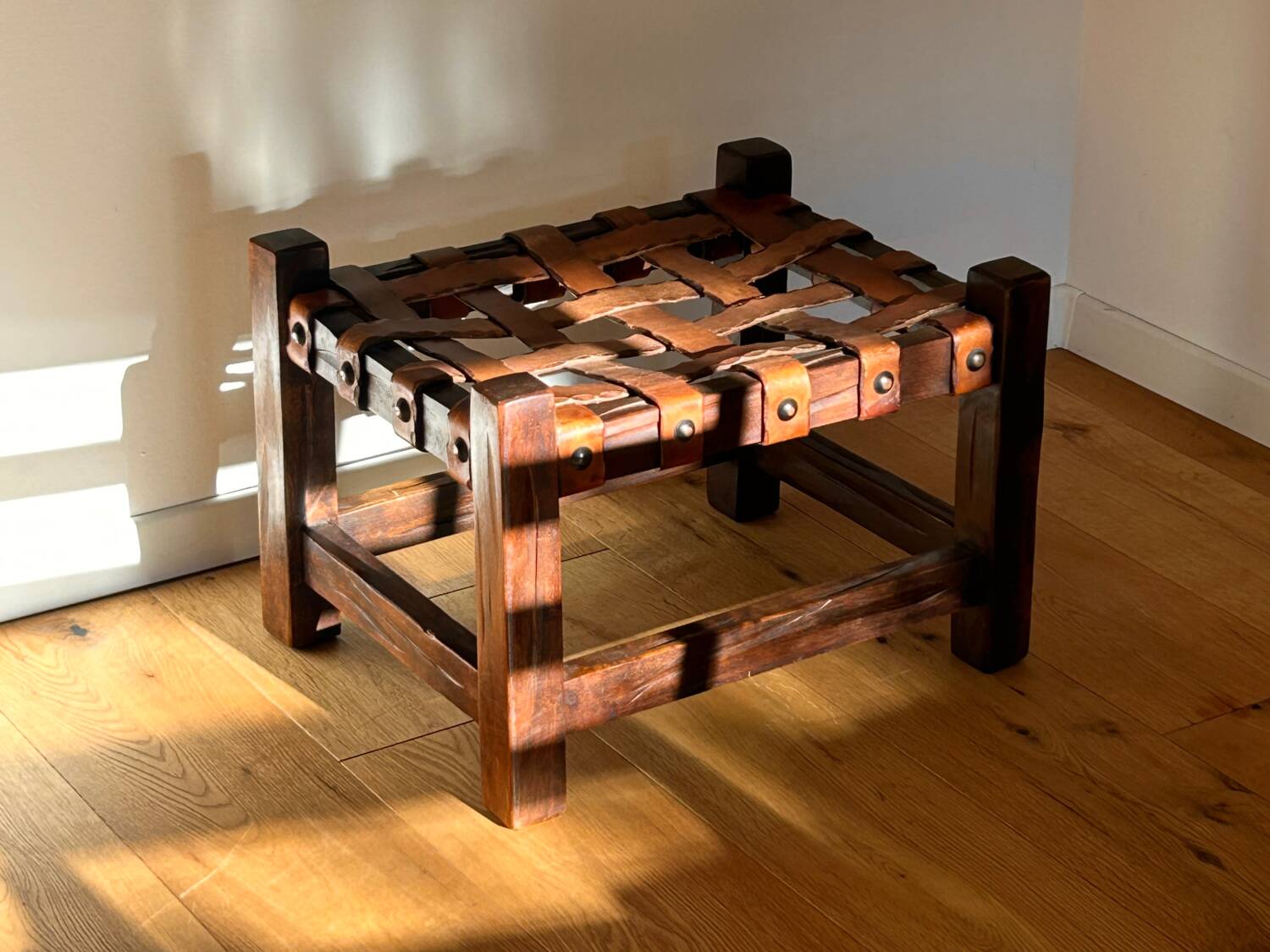 Wooden Brazilian Brutalist Leather Foot Stool Pouf