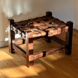 Wooden Brazilian Brutalist Leather Foot Stool Pouf