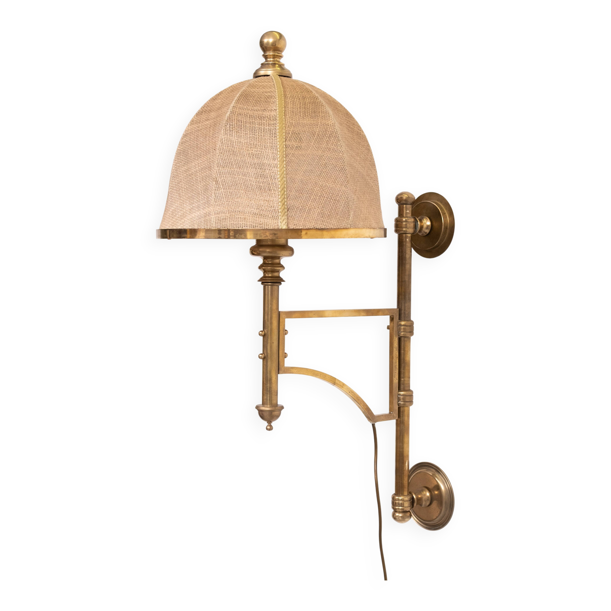 Applique murale à bras articulé en laiton réglable, abat-jour en toile de jute, Angleterre des années 1950