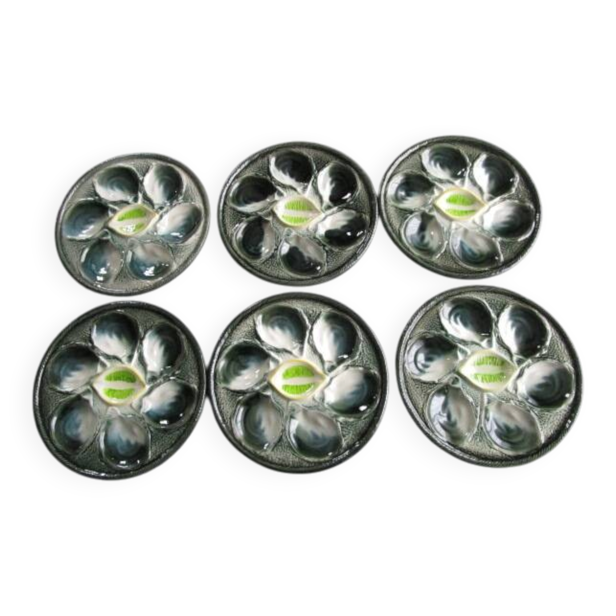 6 antique St Clément barbotine oyster plates