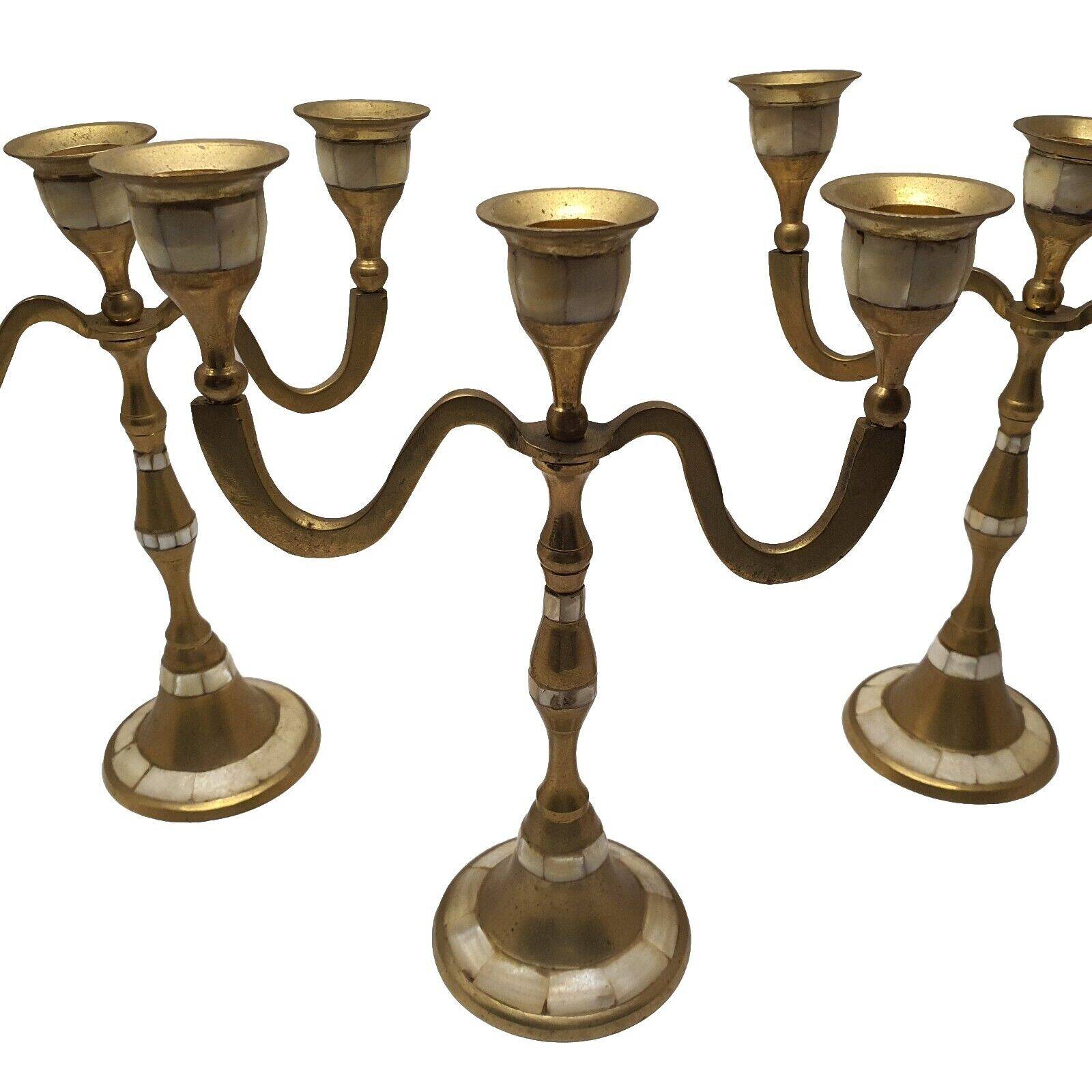 Set of 3-light brass candlesticks with mother-of-pearl intrusion
