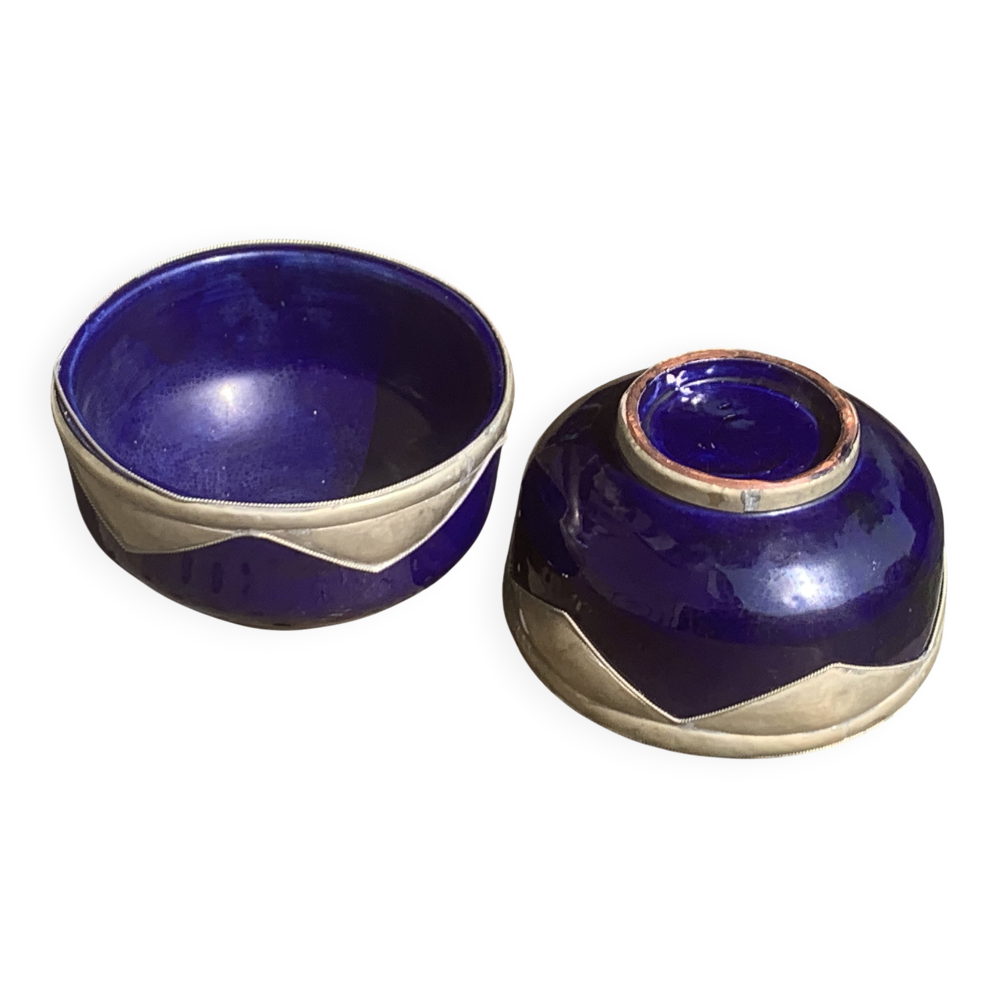 Two blue glazed ceramic and tin bowls, handmade, vintage oriental
