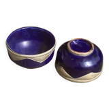 Two blue glazed ceramic and tin bowls, handmade, vintage oriental