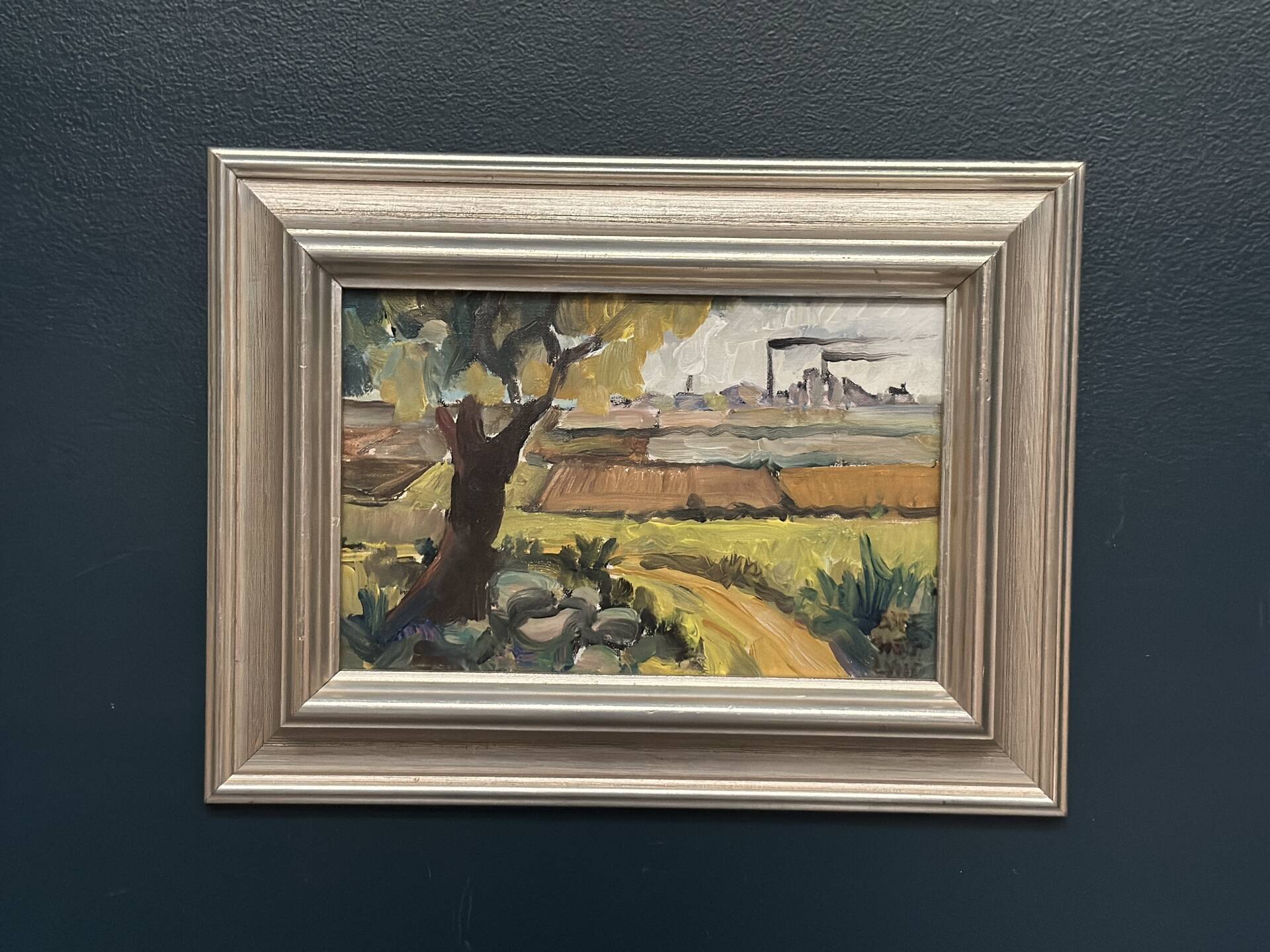 Original Swedish Oil on Canvas – "Industrial Landscape" – Signed – Vintage and Framed