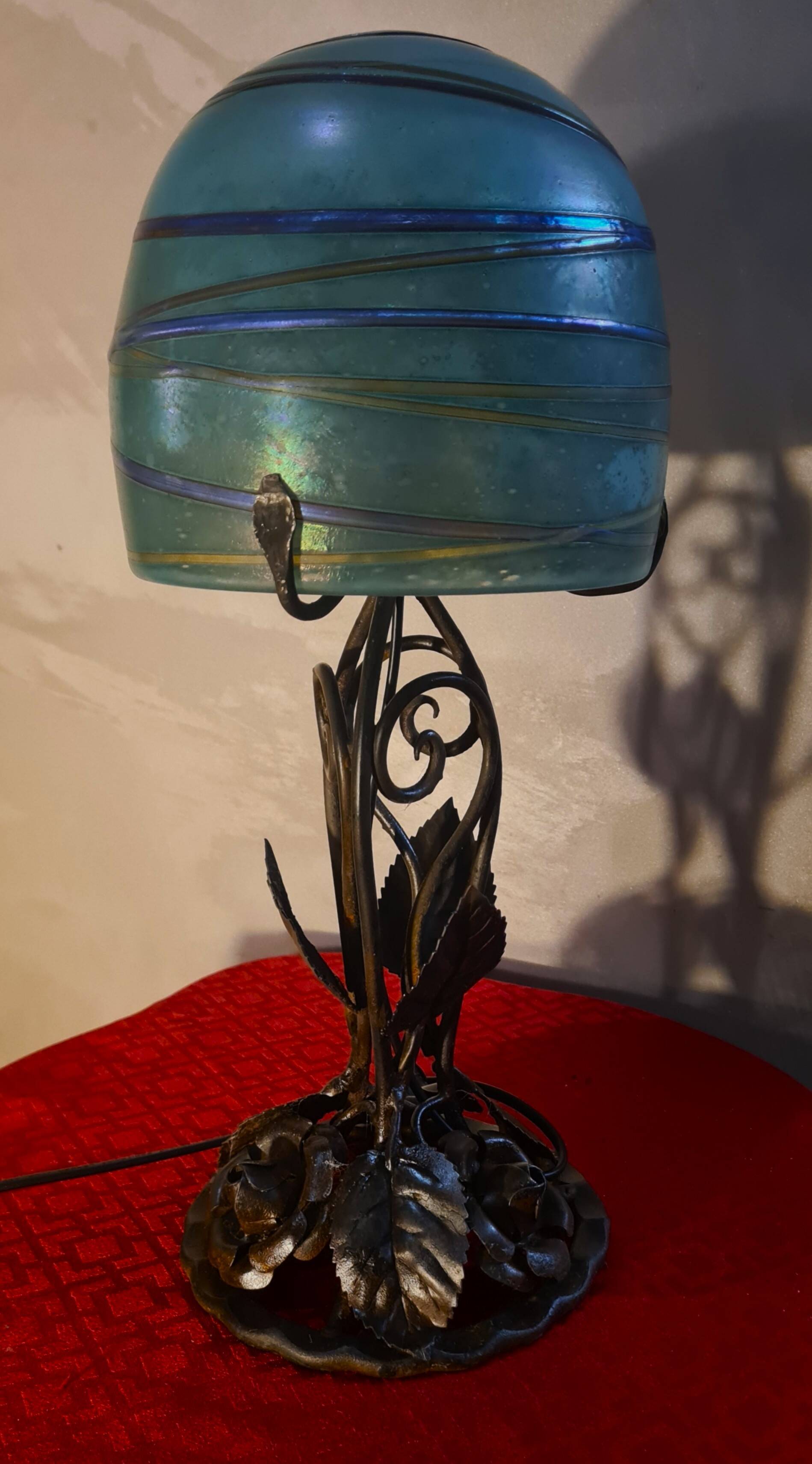 superb thick wrought iron Art Nouveau lamp, Kralik Loetz glass paste,