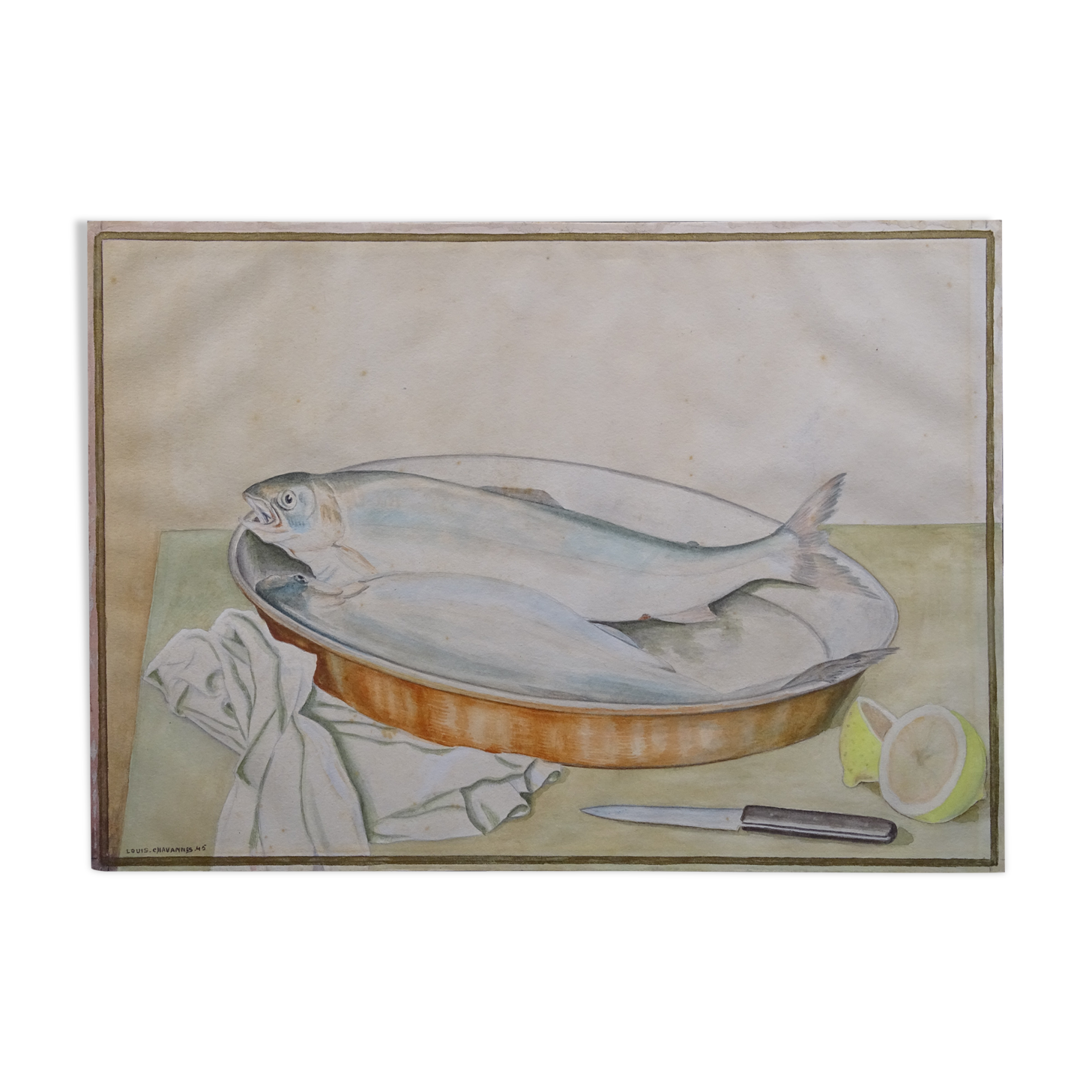 Still life with Pisces, lemon and knife by Louis Chavannes - Watercolor dated 1945
