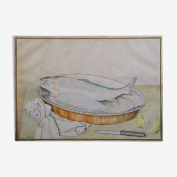 Nature morte aux poissons au citron et au couteau par louis chavannes - aquarelle datée 1945