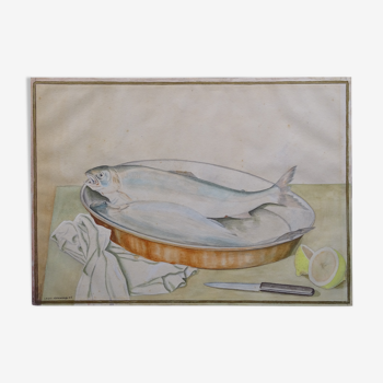 Still life with Pisces, lemon and knife by Louis Chavannes - Watercolor dated 1945