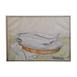 Still life with Pisces, lemon and knife by Louis Chavannes - Watercolor dated 1945