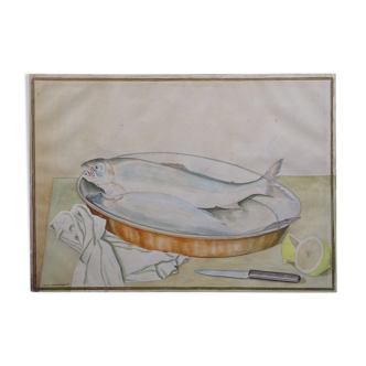 Still life with Pisces, lemon and knife by Louis Chavannes - Watercolor dated 1945