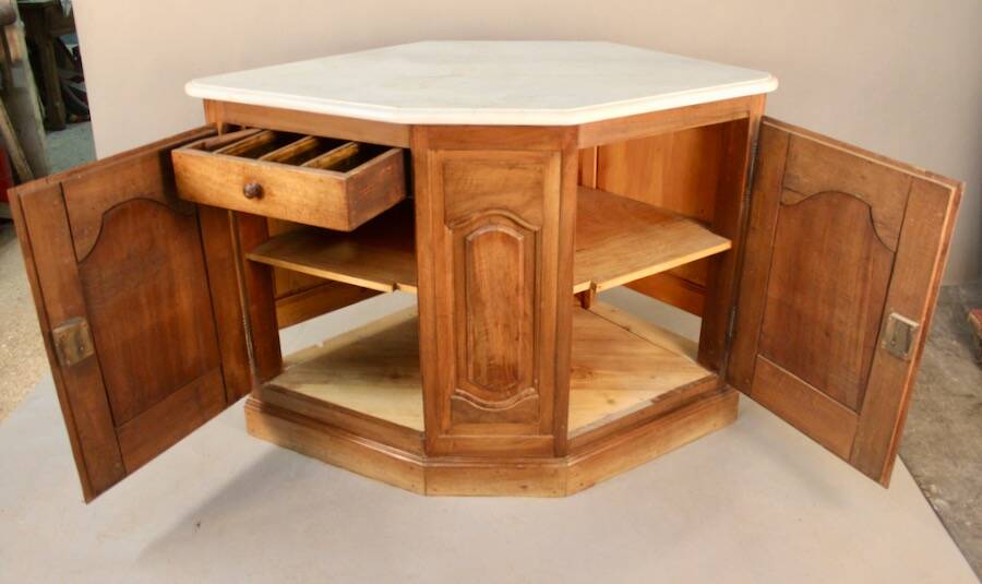 19th century walnut corner cupboard with Carrara marble top
