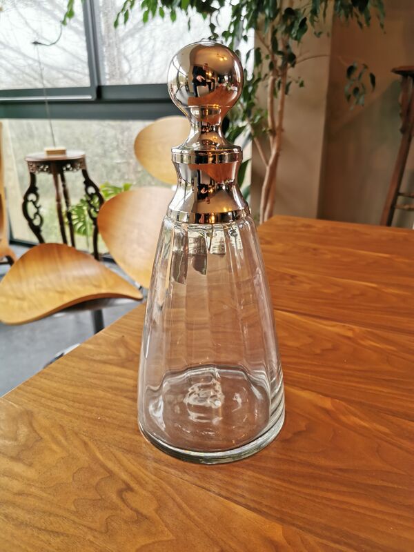 Carafe ancienne verre et métal argenté